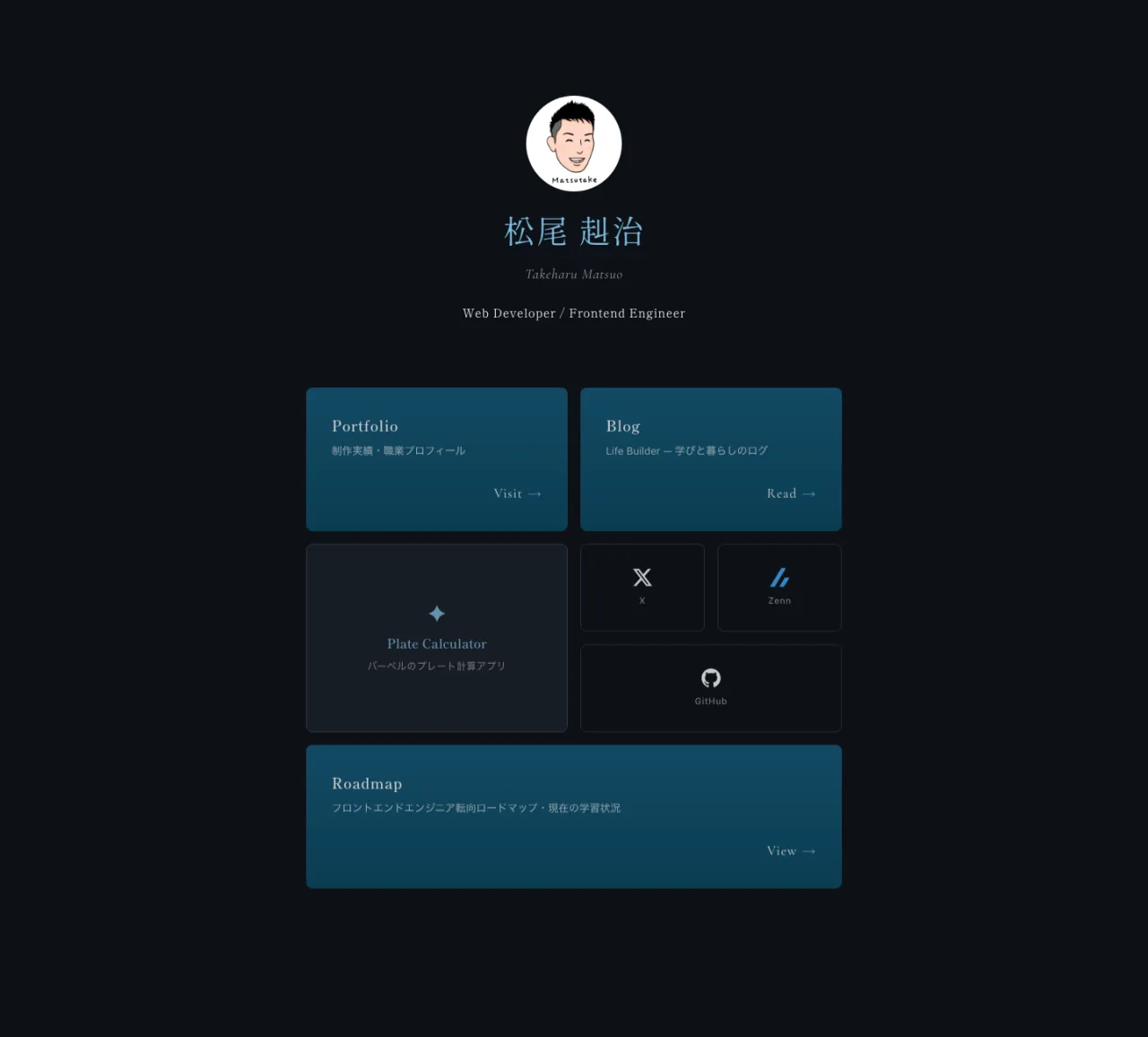 作り直す前の手書きHTML版のハブページ。大小のカードが組み合わさったレイアウトで、Portfolio・Blog・Plate Calculator・X・Zenn・GitHub・Roadmapの7枚が並んでいる