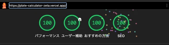 Lighthouseの測定結果。パフォーマンス・ユーザー補助・おすすめの方法・SEOの4項目がすべて100点